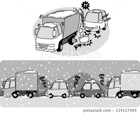 Traffic Safety <Dangers of snowy roads and traffic jams, snow falling in front of your car from the car in front, monochrome, one color, black and white> 134127495