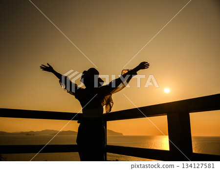 The sunset and the female silhouette The sunset and the female silhouette 134127581