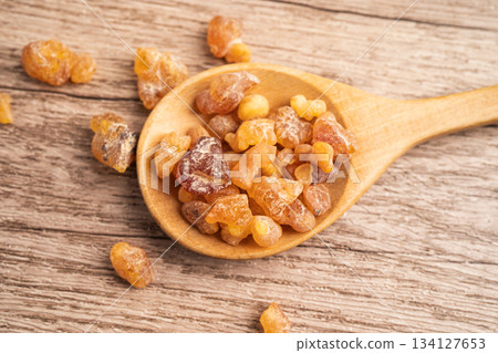 Frankincense or olibanum aromatic resin isolated on white background used in incense and perfumes. 134127653