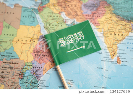 Bangkok, Thailand December 7, 2023, Saudi Arabia flag on world map. Bangkok, Thailand December 7, 2023, Saudi Arabia flag on world map. 134127659