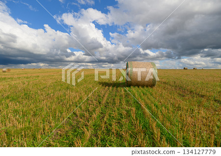 A beautiful rural landscape featuring a round hay bale positioned underneath a dramatic sky A beautiful rural landscape featuring a round hay bale positioned underneath a dramatic sky 134127779