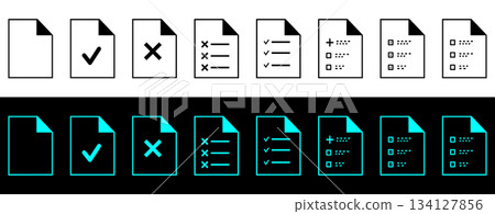 Complete Set of Document Status Icons: File, Checkmark, X-Mark, List, and Checklist Symbols for Web and App UI. Complete Set of Document Status Icons: File, Checkmark, X-Mark, List, and Checklist Symbols for Web and App UI. 134127856