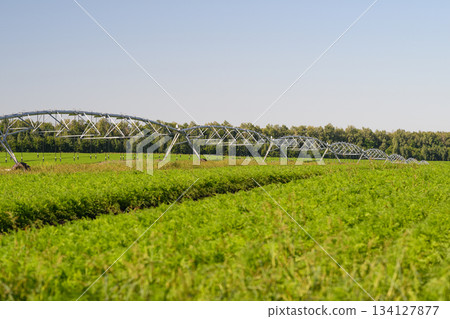 The Advanced Irrigation System Implemented in a Lush and Verdant Agricultural Field Setting The Advanced Irrigation System Implemented in a Lush and Verdant Agricultural Field Setting 134127877