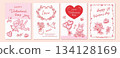 A set of cute Valentine's Day card templates featuring hand-drawn line art illustrations 134128169
