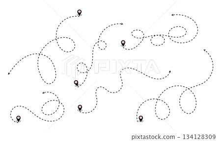 Set of Curved Dotted Line Route Icons: Map Pin Location, Travel Path, and Tracking Symbols. Set of Curved Dotted Line Route Icons: Map Pin Location, Travel Path, and Tracking Symbols. 134128309