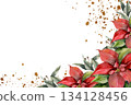 Christmas traditional festive banner with red poinsettia flowers and golden splash watercolor frame. Winter season and new year banner with red flowers for label,logo,greeting card design Christmas traditional festive banner with red poinsettia flowers and golden splash watercolor frame. Winter season and new year banner with red flowers for label,logo,greeting card design 134128456