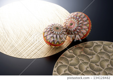 Japanese style image using gold mat with ball, mizuhiki and fan pattern Japanese style image using gold mat with ball, mizuhiki and fan pattern 134128482
