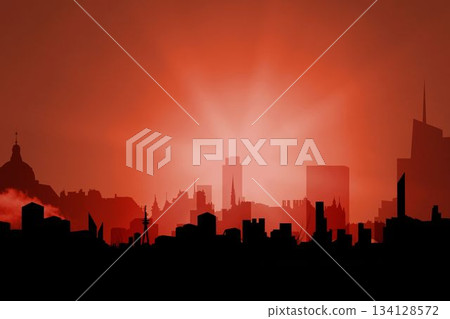 Silhouetted city skyline is glowing in flat design on red-orange gradient sky with sunburst rays Silhouetted city skyline is glowing in flat design on red-orange gradient sky with sunburst rays 134128572