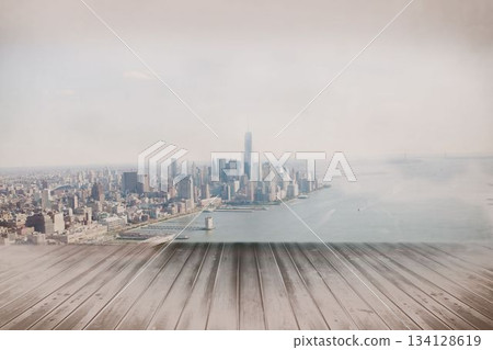 Flat design is showing wooden deck overlooking Manhattan skyline over river in hazy sky 134128619
