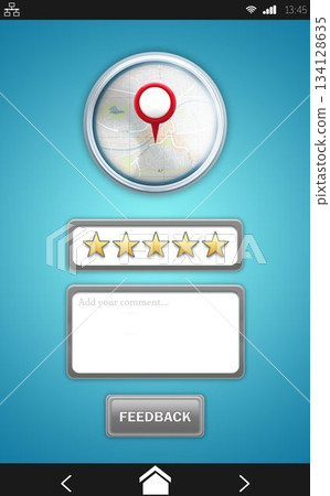 Flat feedback UI is showing map pin, star rating, comment box and button on blue gradient 134128635