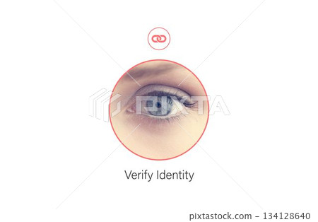 Biometric interface showing close-up eye in flat design, red chain-link icon, Verify Identity text Biometric interface showing close-up eye in flat design, red chain-link icon, Verify Identity text 134128640