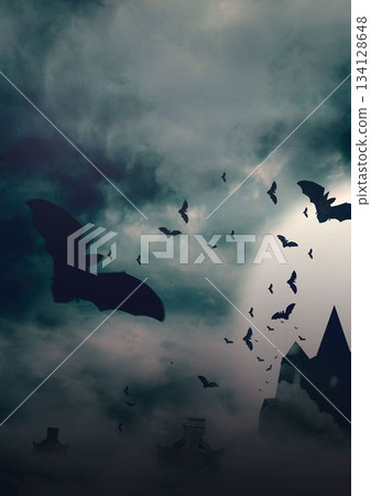 Digital image of bats flying against cloudy sky Digital image of bats flying against cloudy sky 134128648