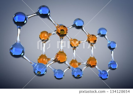 3D molecular model is floating on gray gradient backdrop and showing blue orange spheres with rods 134128654