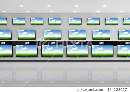 Rows of flat-screen TVs are being displayed in 3D-render showroom, with glossy floor reflections 134128657