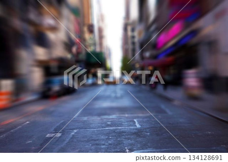 Flat design downtown street showing bright city road with faded crosswalks, parked cars and taxis 134128691