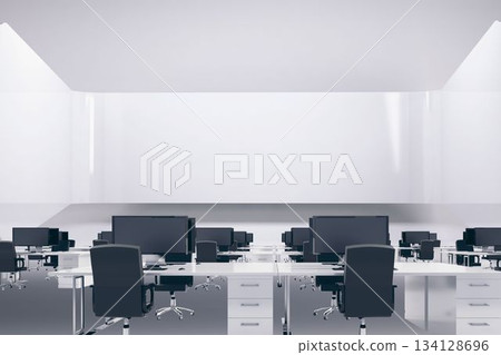 Open-plan office workspace is featuring flat design with white desks, gray chairs, black monitors Open-plan office workspace is featuring flat design with white desks, gray chairs, black monitors 134128696