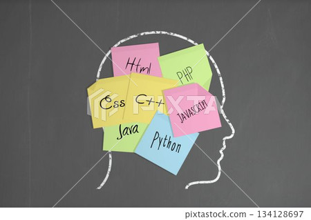 Chalk head with coding post it notes Chalk head with coding post it notes 134128697