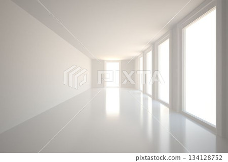 Minimalist corridor interior is being shown in flat design, with reflective floor and tall windows Minimalist corridor interior is being shown in flat design, with reflective floor and tall windows 134128752