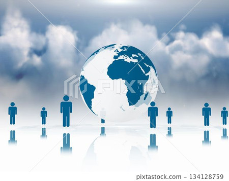 Human figures surrounding earth graphic 134128759