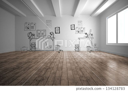 Hand-drawn line sketch is showing two work desks with screens, lamps, globe, books on white wall Hand-drawn line sketch is showing two work desks with screens, lamps, globe, books on white wall 134128783