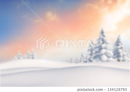 Snow-covered hills and evergreens are rising in flat winter illustration with pastel sunrise sky 134128793