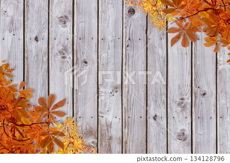 Illustrating weathered wooden planks in flat design, framing with orange yellow autumn leaves 134128796