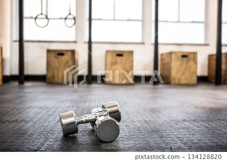 Pair of chrome dumbbells are resting on rubber mat floor in flat design with gymnastic rings 134128820