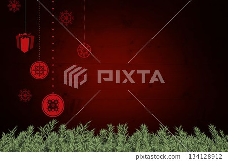 Christmas decorations over wooden planks 134128912