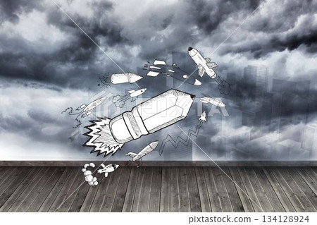 Pencil rocket on wall with stormy sky Pencil rocket on wall with stormy sky 134128924