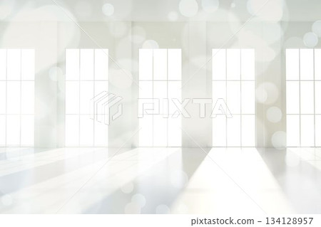 Twinkling lights over room with windows 134128957