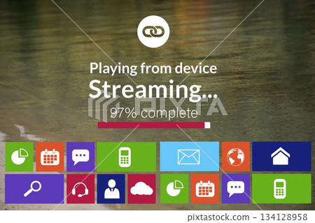 Progress bar with text and icons on device screen 134128958