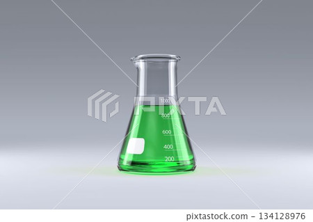 Laboratory flask with green solution 134128976