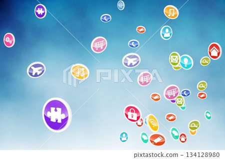 Flat design circular icons drifting across blue gradient featuring large purple puzzle piece 134128980