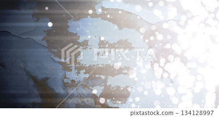 Flat design close-up weathered metal panel is showing peeling blue paint and rust with bokeh lights 134128997