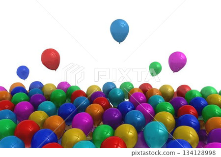 Colorful helium balloons are floating up from cluster in flat design illustration, plain white void 134128998