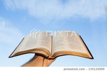 Hand holding open Bible against sky 134128999