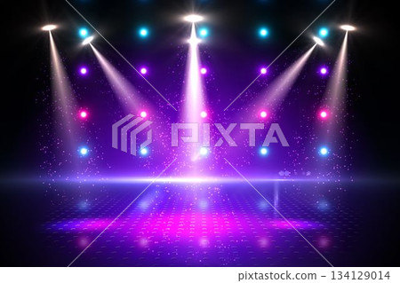 Flat design scene is showing empty stage with shiny floor reflecting spotlights and sparkle effects 134129014
