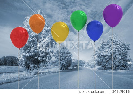 Six colorful helium balloons are floating along grayscale road bordered by leafy trees, flat design Six colorful helium balloons are floating along grayscale road bordered by leafy trees, flat design 134129016