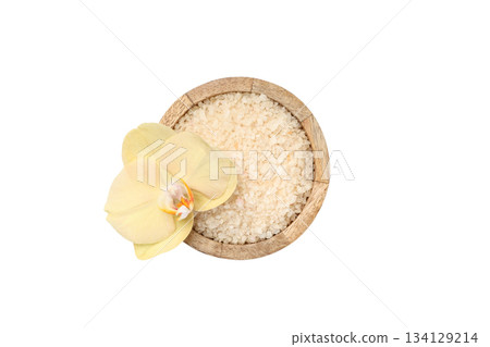 Salt bowl with yellow orchid for relaxation, on white, PNG 134129214
