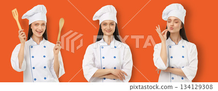 Set, Female chef poses showing excitement and satisfaction Set, Female chef poses showing excitement and satisfaction 134129308