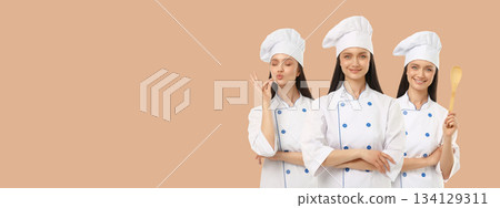 Woman in chef outfit in different poses, space for text 134129311