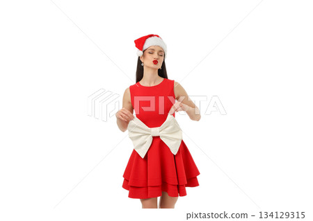Woman in a red dress with a big white bow, isolated, PNG Woman in a red dress with a big white bow, isolated, PNG 134129315
