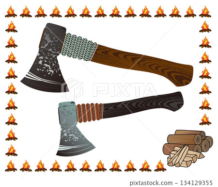 手斧插圖，斧柄有木紋和繩子纏繞的圖案（包含營火、原木和柴火圖示） 134129355