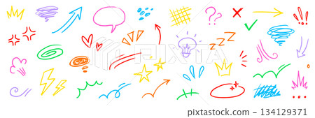 Cartoon chalk star, comic expression elements. Hand drawn cute doodle line motion effect arrow, emphasis, angry emotion, sparkle movement. Cartoon emoticon mark crayon icon. Vector Cartoon chalk star, comic expression elements. Hand drawn cute doodle line motion effect arrow, emphasis, angry emotion, sparkle movement. Cartoon emoticon mark crayon icon. Vector 134129371