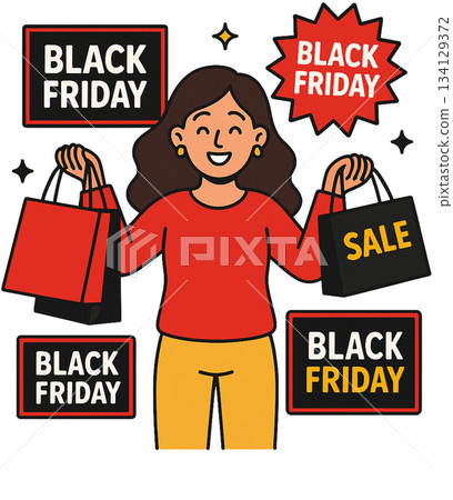 Girl Holding Shopping Bags with Black Friday Signs 134129372