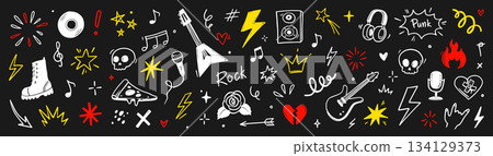 Hand drawn doodle music icons with rock elements, lightning bolts and graffiti style tattoo stickers for creative band designs on chalkboard. Marker sketch music icons. Vector 134129373