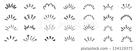 Hand drawn line art bursts with surprise rays and sparkles. Doodle hand drawn starburst icons shine bright. Surprise shapes for comic effects, manga splash, cartoon decorations. Vector 134129375