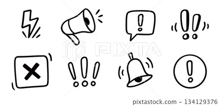Doodle attention sign icon set. Hand drawn caution signs, warning marks and alert sketch symbols designed to exclamation sign, error or important attention icon doodle. Vector Doodle attention sign icon set. Hand drawn caution signs, warning marks and alert sketch symbols designed to exclamation sign, error or important attention icon doodle. Vector 134129376