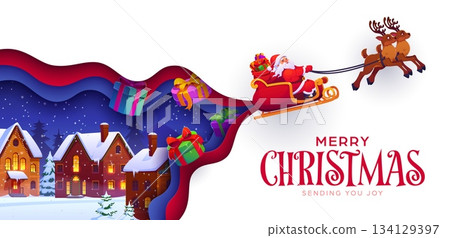 Merry Christmas paper cut greeting card with funny Santa flying on sleigh, cartoon vector. Winter holiday and Christmas greetings with Santa reindeer and sleigh with gifts bag flying over town village Merry Christmas paper cut greeting card with funny Santa flying on sleigh, cartoon vector. Winter holiday and Christmas greetings with Santa reindeer and sleigh with gifts bag flying over town village 134129397