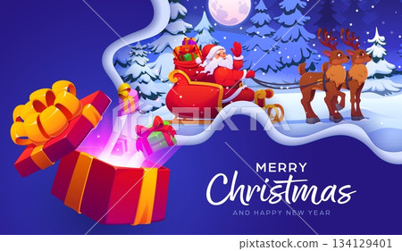 Merry Christmas paper cut greeting card with Santa on sleigh for winter holiday, cartoon vector. Santa with gifts bag in sledge with reindeer in night forest and paper cut snow for Christmas greeting 134129401